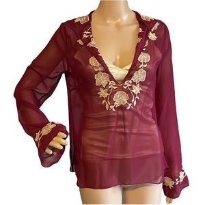 Lux Sheer Maroon Floral Long Sleeve Blouse With Hood